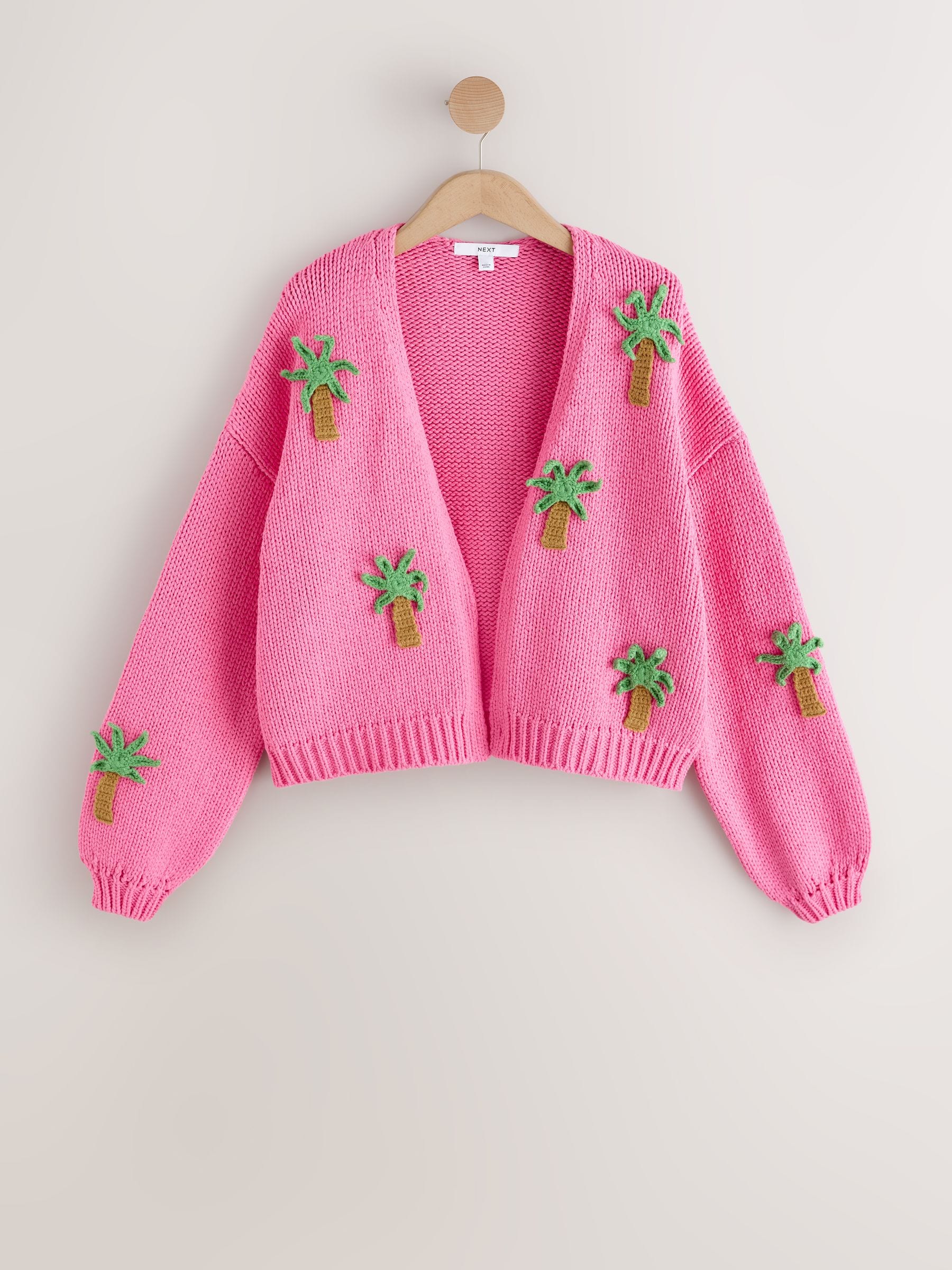 Buy Pink 3D Palm Tree Soft Touch Cotton Blend Chunky Knit Cardigan