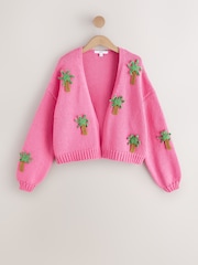 Pink 3D Palm Tree Soft Touch Cotton Blend Chunky Knit Cardigan - Image 6 of 8