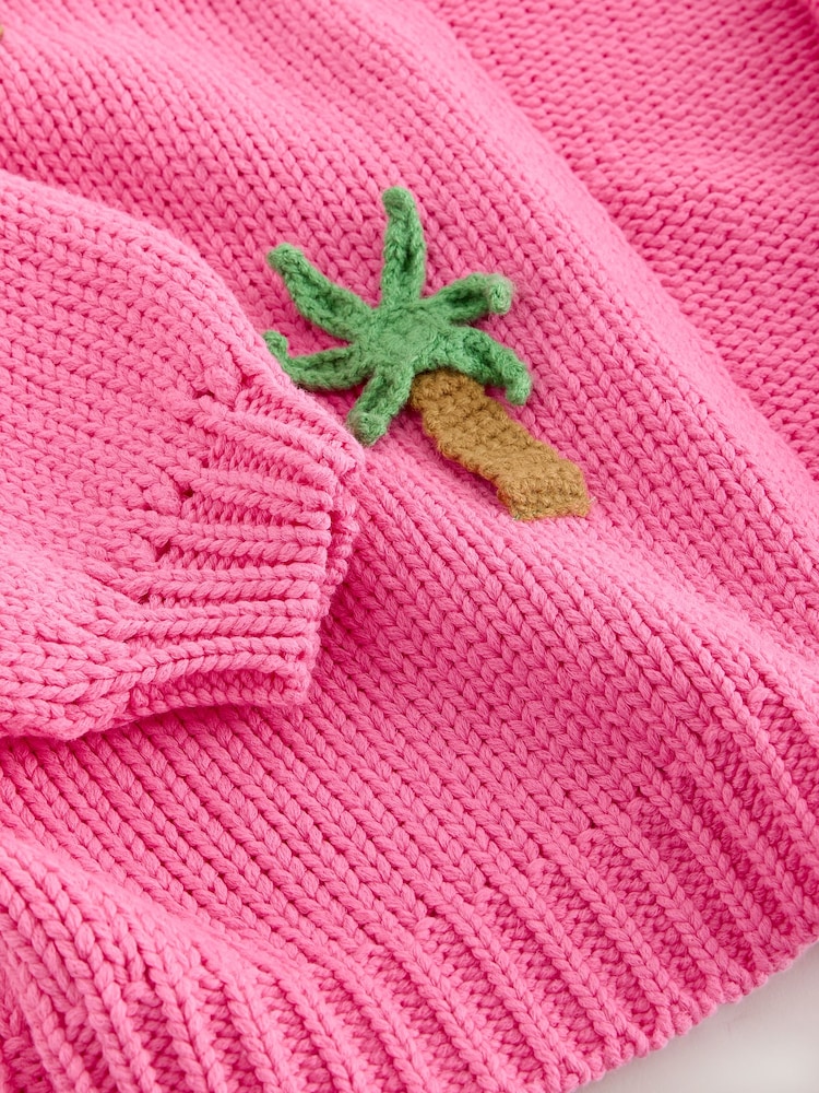 Pink 3D Palm Tree Soft Touch Cotton Blend Chunky Knit Cardigan - Image 8 of 8