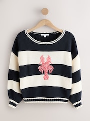 Navy/White Lobster Stripe Cotton Rich Off Shoulder Jumper - Image 6 of 8