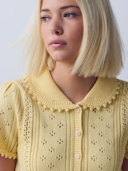 Yellow Pointelle Stitch Short Sleeve Tie Waist Cardigan - Image 4 of 8