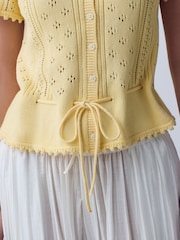 Yellow Pointelle Stitch Short Sleeve Tie Waist Cardigan - Image 5 of 8