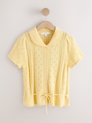 Yellow Pointelle Stitch Short Sleeve Tie Waist Cardigan - Image 6 of 8