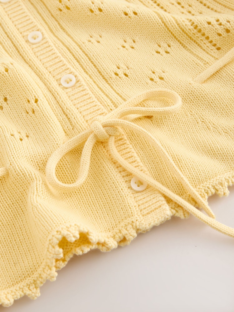 Yellow Pointelle Stitch Short Sleeve Tie Waist Cardigan - Image 8 of 8 Yellow Pointelle Stitch Short Sleeve Tie Waist Cardigan - Image 8 of 8