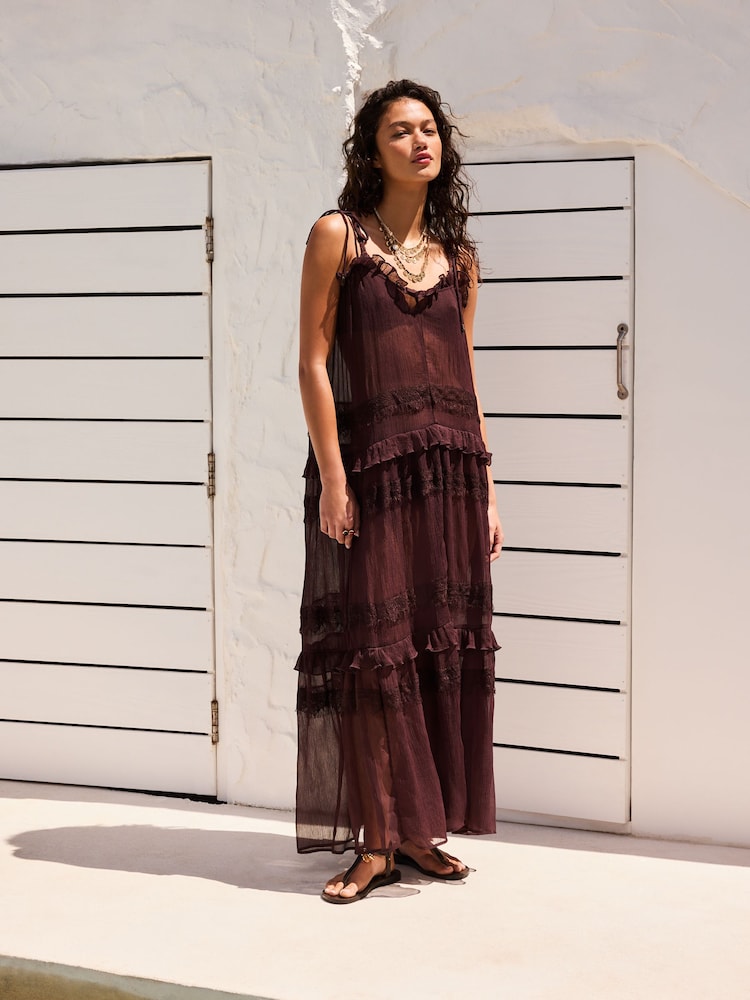 Chocolate Brown Mesh Maxi Tie Strap Dress - Image 1 of 7
