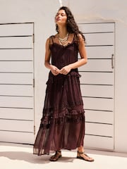 Chocolate Brown Mesh Maxi Tie Strap Dress - Image 2 of 7