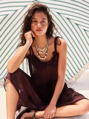 Chocolate Brown Mesh Maxi Tie Strap Dress - Image 3 of 7