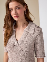 Neutral/Stein - Cotton Rich Short Sleeve Stitch Polo Top - Bild 3 von 8