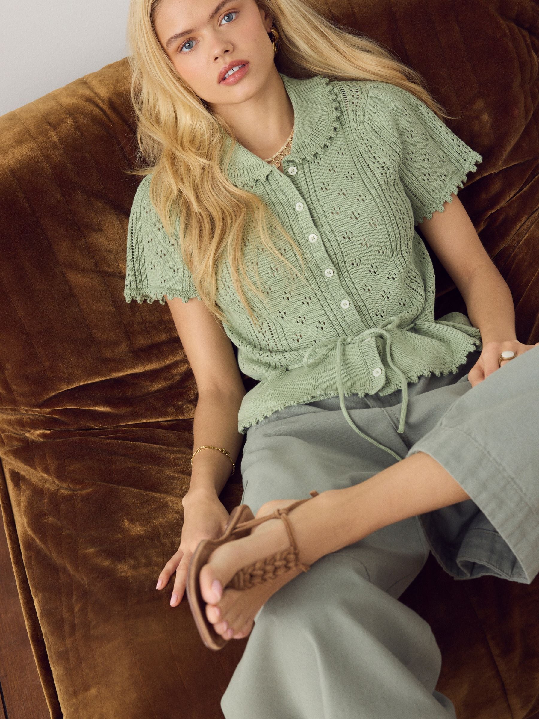 Buy Sage Green Pointelle Stitch Short Sleeve Tie Waist Cardigan