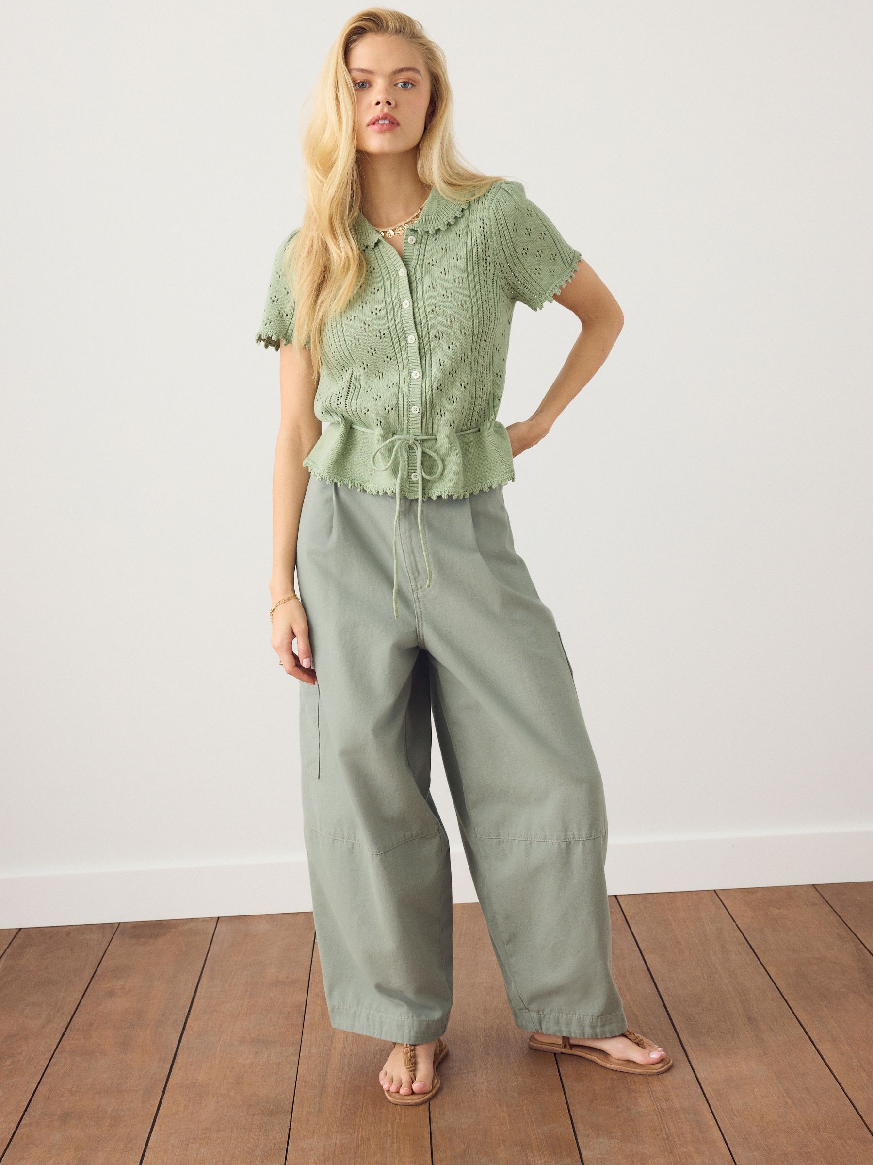 Buy Sage Green Pointelle Stitch Short Sleeve Tie Waist Cardigan