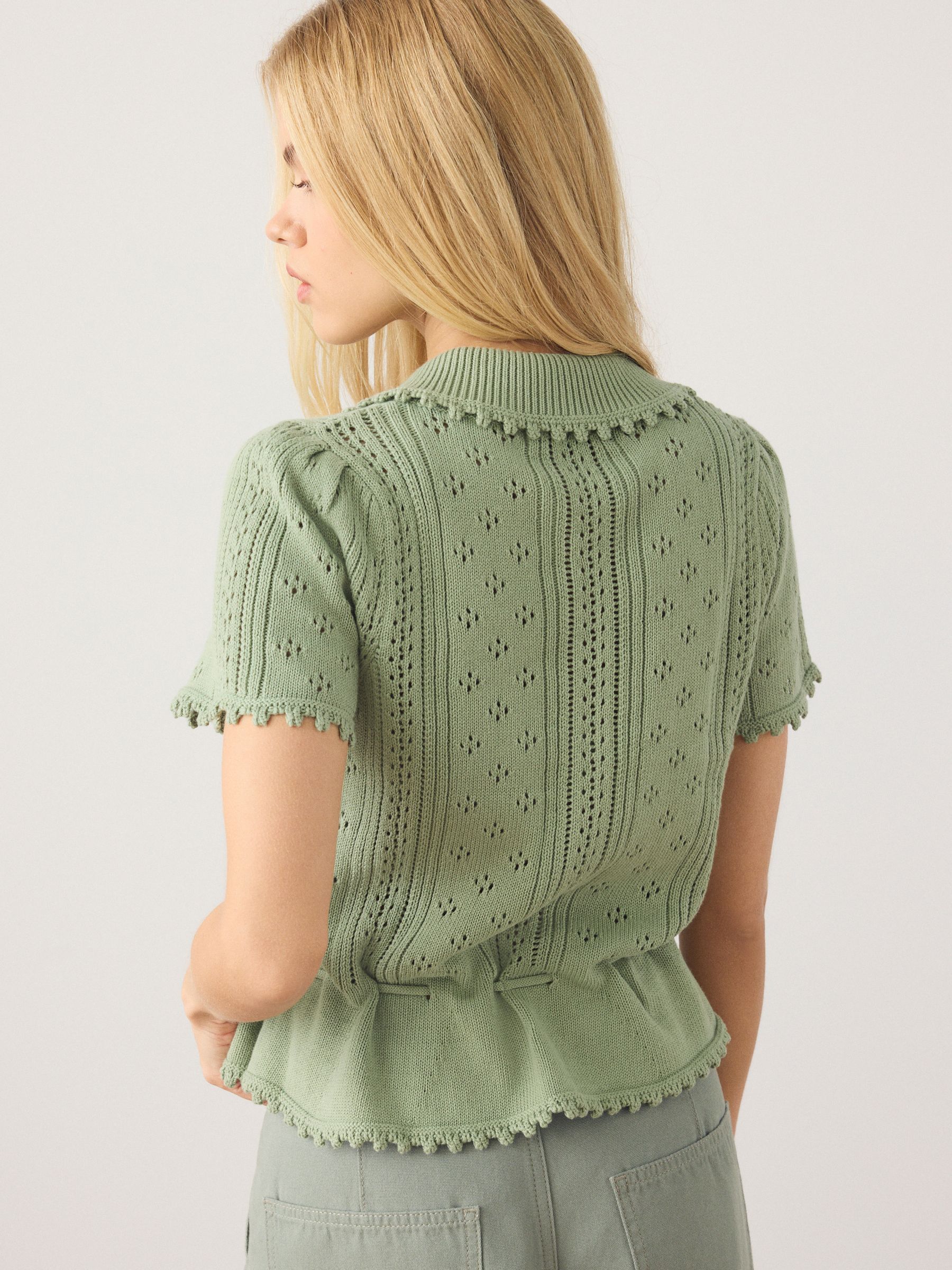 Buy Sage Green Pointelle Stitch Short Sleeve Tie Waist Cardigan