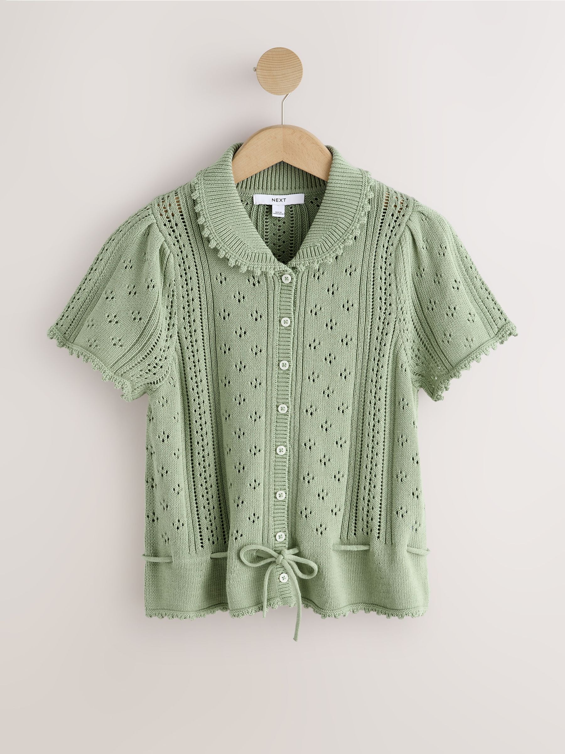 Buy Sage Green Pointelle Stitch Short Sleeve Tie Waist Cardigan