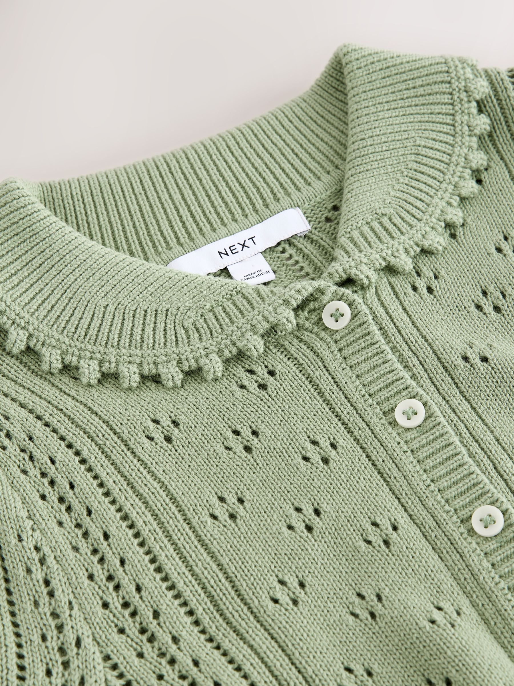 Buy Sage Green Pointelle Stitch Short Sleeve Tie Waist Cardigan
