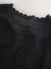 Black Short Sleeve Floral Crochet Crew Neck T-Shirt - Image 6 of 7