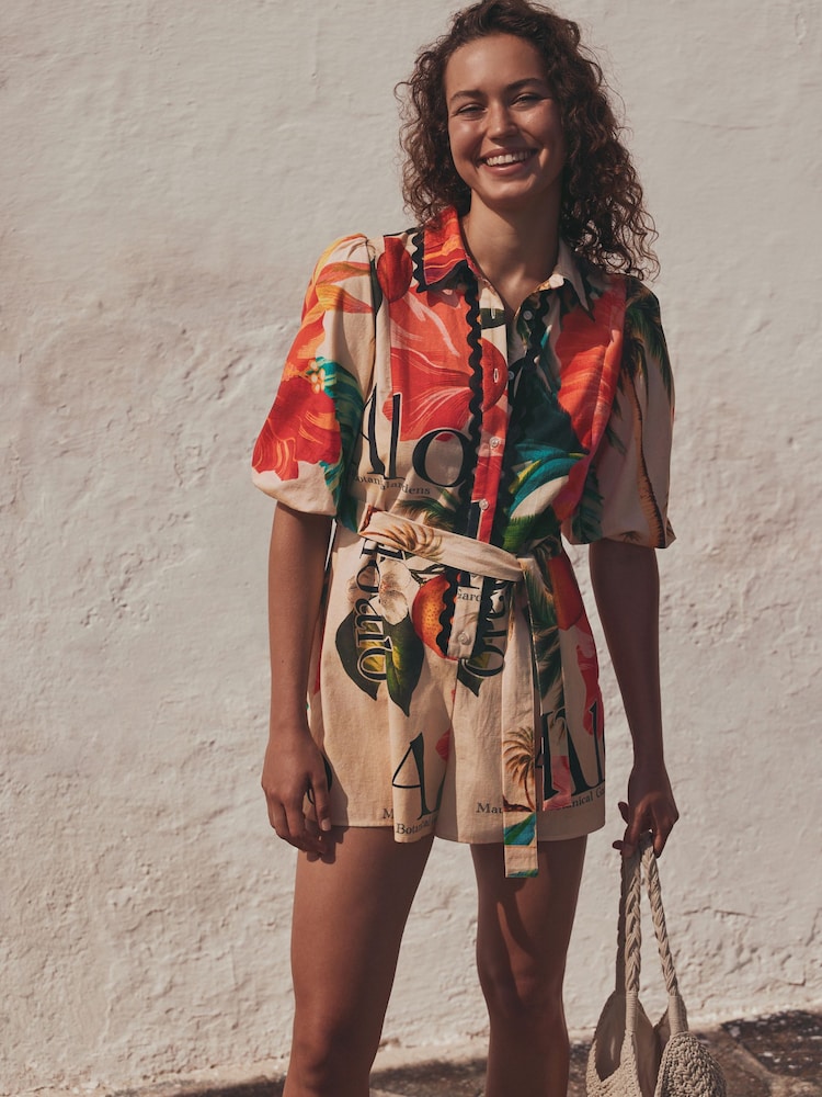 Red Tropical Collared Belted Playsuit - Image 1 of 5