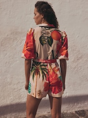 Red Tropical Collared Belted Playsuit - Image 2 of 5