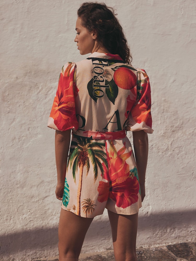 Red Tropical Collared Belted Playsuit - Image 2 of 5