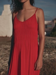 Red Shirred Strappy Jersey Midi Dress - Image 4 of 7