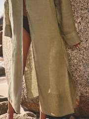 Khaki Green N. Premium 100% Linen Long Line Shirt - Image 2 of 5