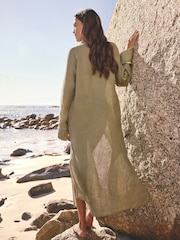 Khaki Green N. Premium 100% Linen Long Line Shirt - Image 4 of 5