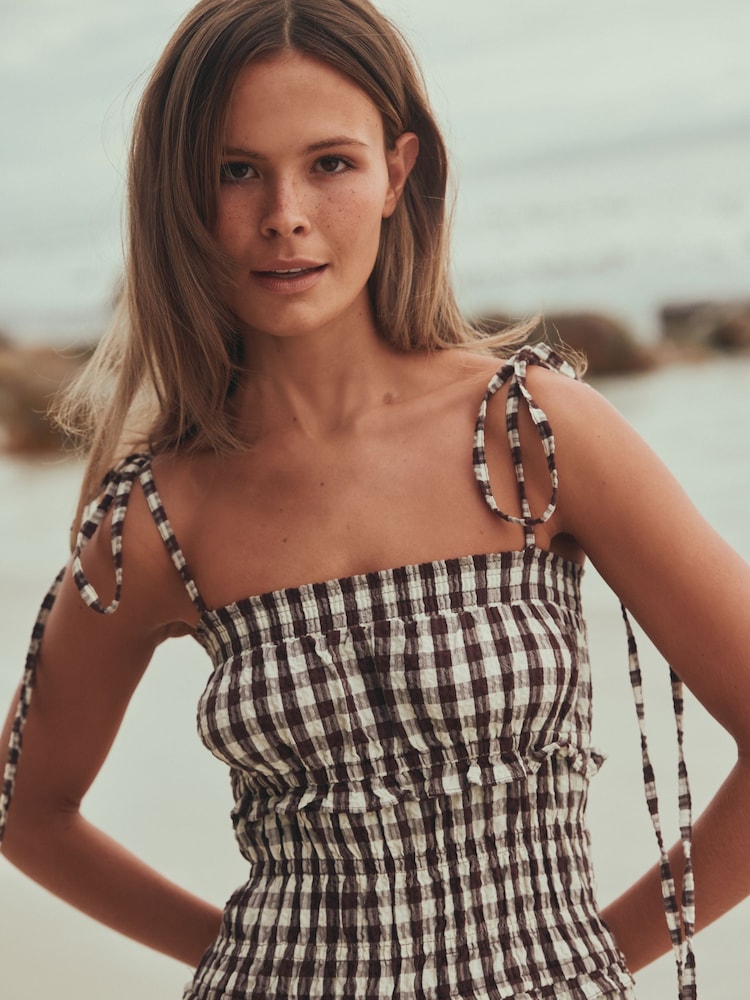 brown and white gingham maxi dress Your Happy Place Yellow Gingham Maxi Dress | Trendy Dresses main image 0
