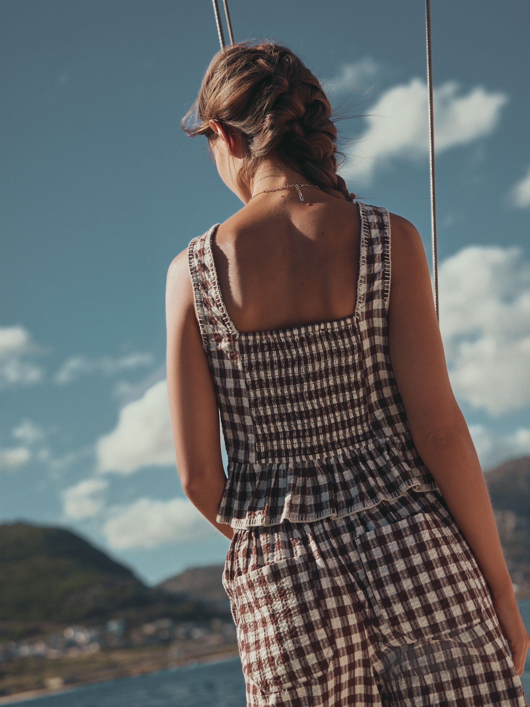 Buy Chocolate Brown Gingham Peplum Square Neck Top from the Next