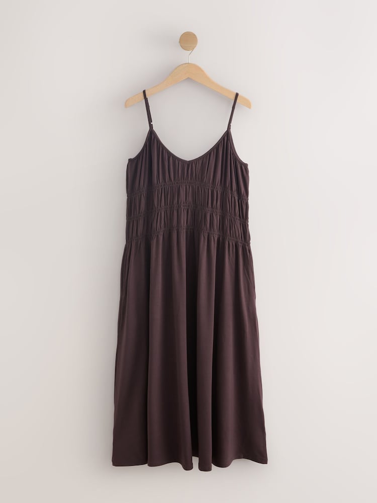 Chocolate Brown Shirred Strappy Jersey Midi Dress - Image 1 of 3