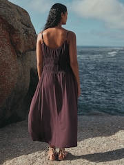 Chocolate Brown Shirred Strappy Jersey Midi Dress - Image 4 of 8