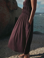 Chocolate Brown Shirred Strappy Jersey Midi Dress - Image 5 of 8