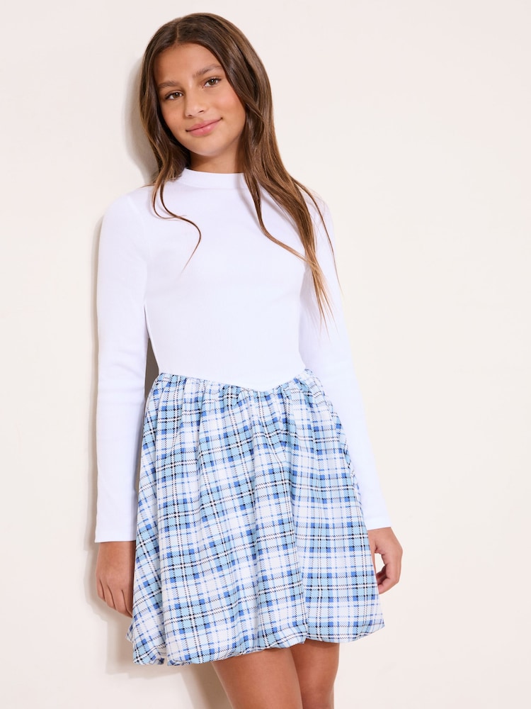 Lipsy White Check Long Sleeve 2-in-1 Puffball Dress (5-16yrs) - Image 1 of 5 Lipsy White Check Long Sleeve 2-in-1 Puffball Dress (5-16yrs) - Image 1 of 5