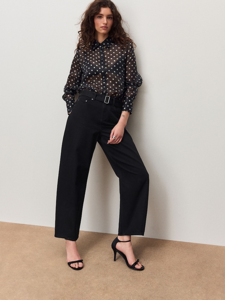 Black Denim Belted Barrel Jeans - Image 1 of 8 Black Denim Belted Barrel Jeans - Image 1 of 8