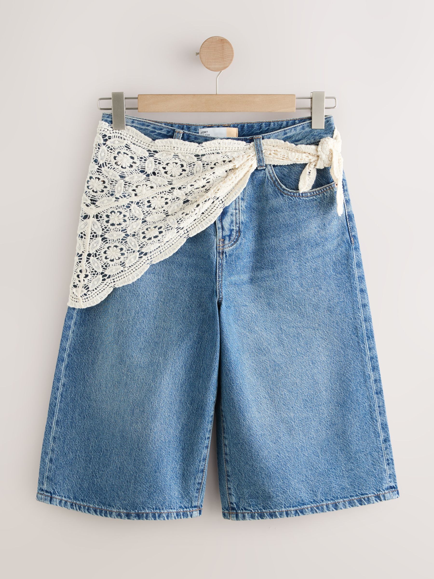 Buy Mid Blue Crochet Scarf Knee Length Denim Jort Shorts from Next