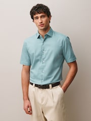 Dusky Blue/ Hawaiian Print Regular Fit Cotton Linen Blend Short Sleeve Smart Shirts 2 Pack - Image 2 of 13