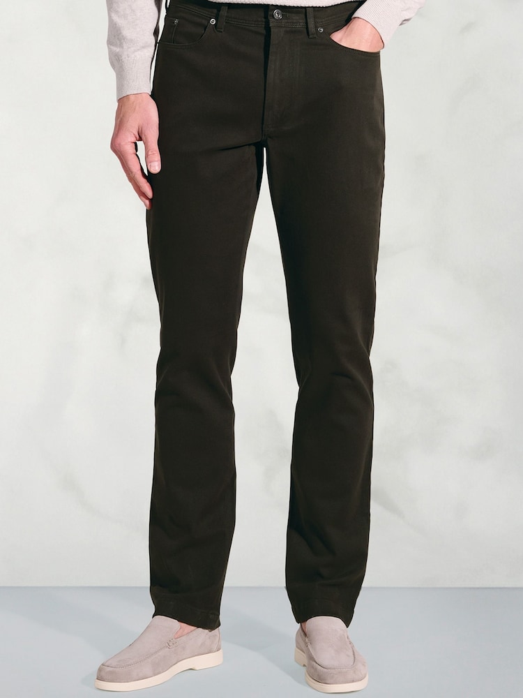 Brook Taverner Green Tailored Fit 5 Pocket Italian Twill Stretch Cotton Trousers - Image 1 of 5
