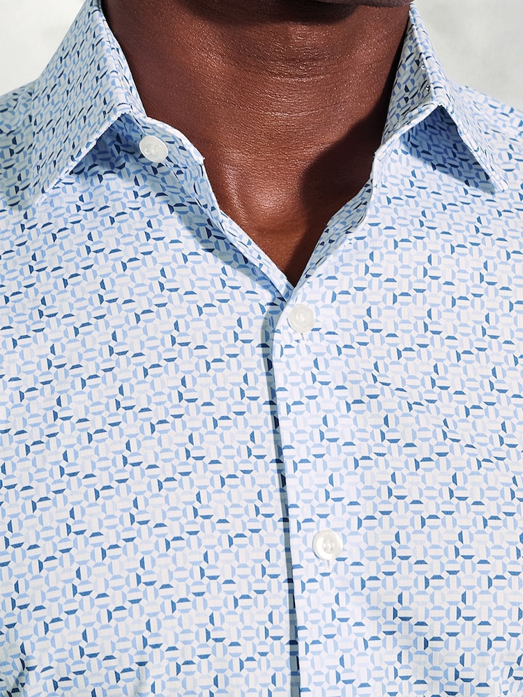 Brook Taverner Blue Hexagon Geometric Print Cotton Shirt - Image 2 of 5 Brook Taverner Blue Hexagon Geometric Print Cotton Shirt - Image 2 of 5