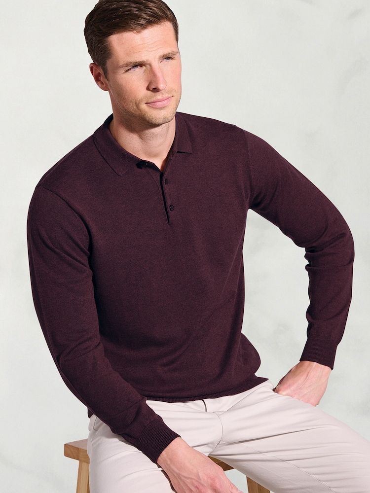 Brook Taverner Red Cotton Merino Long Sleeve Polo Shirt - Image 2 of 3