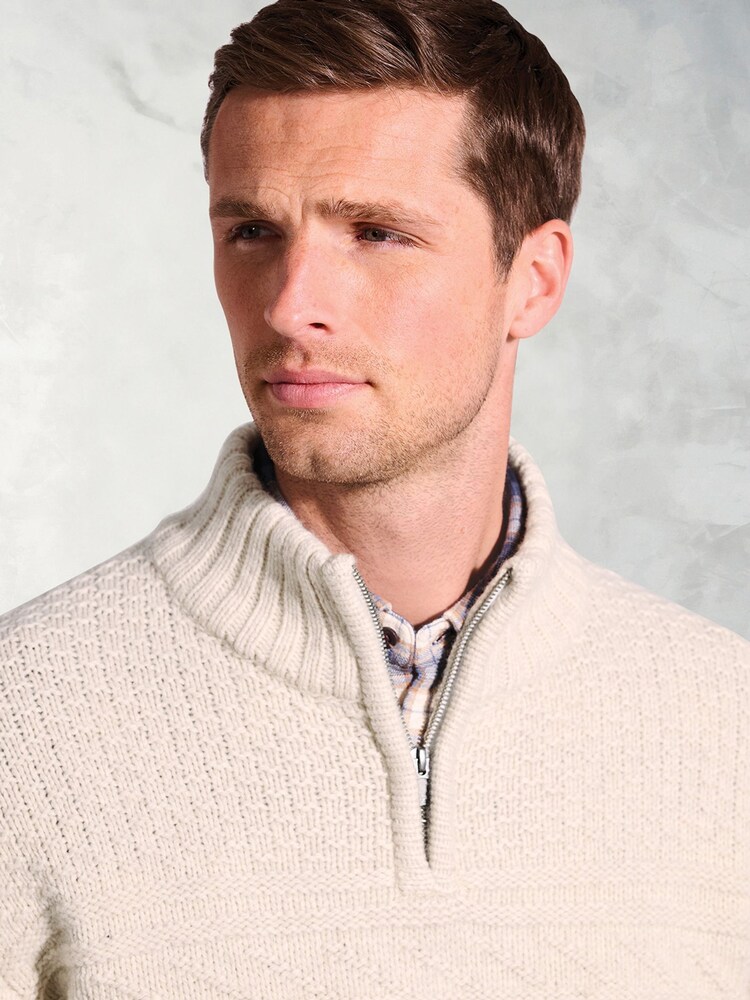 Brook Taverner Cream Textured Lambswool Zip Neck Jumper - Image 2 of 3