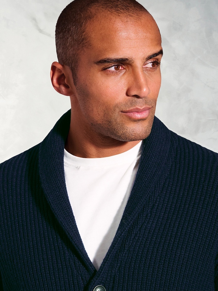 Brook Taverner Blue Textured Lambswool Shawl Collar Cardigan - Image 2 of 3