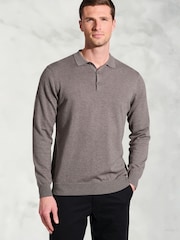 Brook Taverner Brown Cotton Merino Long Sleeve Polo Shirt - Image 1 of 3