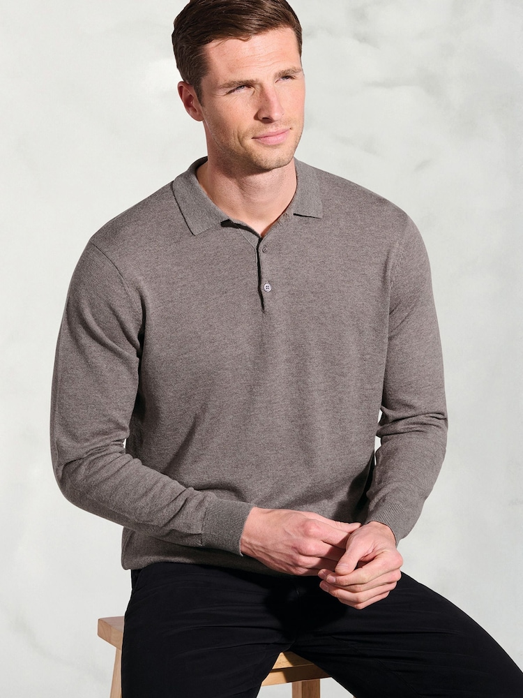 Brook Taverner Brown Cotton Merino Long Sleeve Polo Shirt - Image 2 of 3