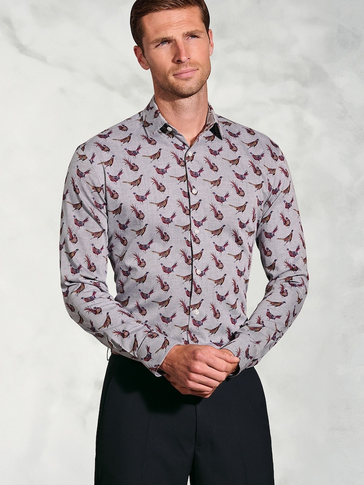 Brook Taverner Grey Pheasant Print Cotton Shirt - Image 1 of 5 Brook Taverner Grey Pheasant Print Cotton Shirt - Image 1 of 5