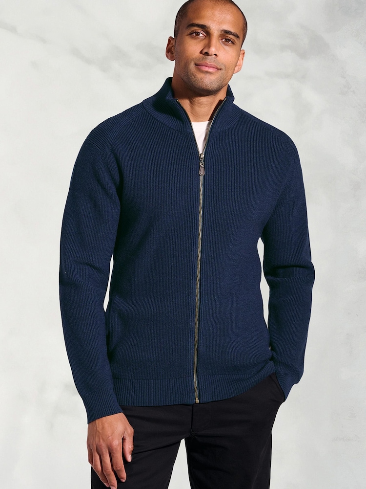 Brook Taverner Blue Rib Zip Through Cardigan - Image 1 of 3 Brook Taverner Blue Rib Zip Through Cardigan - Image 1 of 3