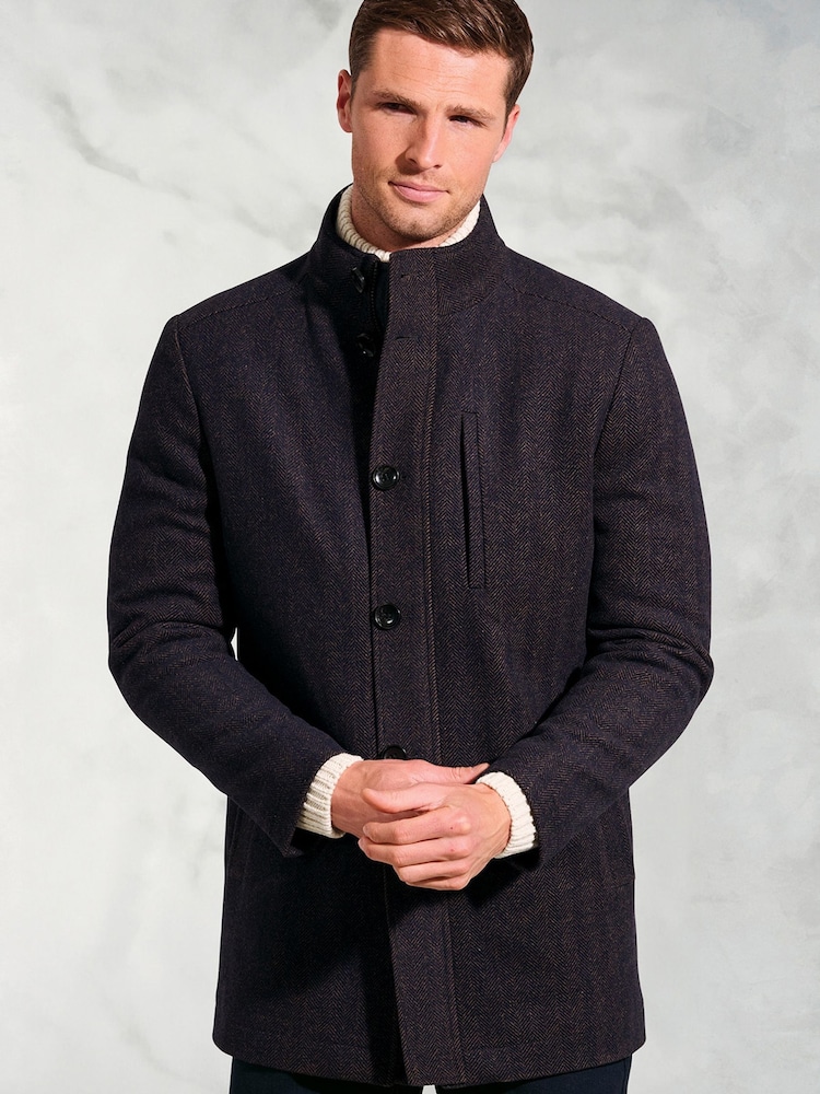 Brook Taverner Blue Herringbone Wool Blend Overcoat - Image 1 of 5 Brook Taverner Blue Herringbone Wool Blend Overcoat - Image 1 of 5