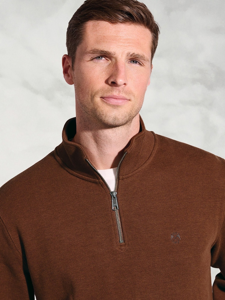 Brook Taverner Brown Melange Cotton French Rib Zip Neck Jumper - Image 2 of 3 Brook Taverner Brown Melange Cotton French Rib Zip Neck Jumper - Image 2 of 3