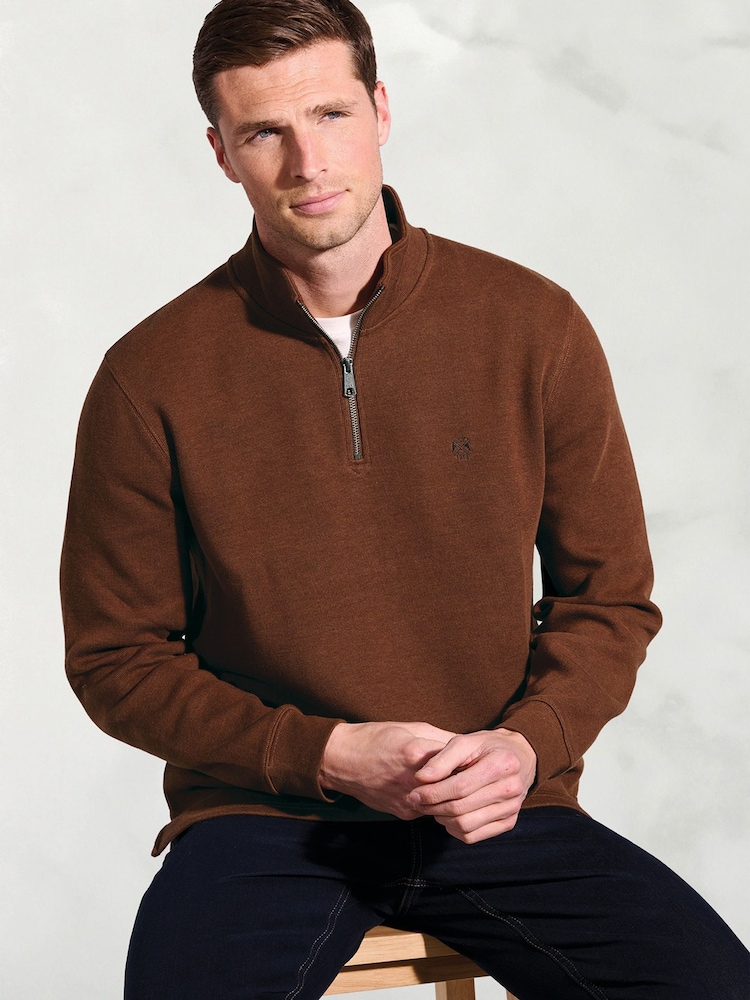 Brook Taverner Brown Melange Cotton French Rib Zip Neck Jumper - Image 3 of 3 Brook Taverner Brown Melange Cotton French Rib Zip Neck Jumper - Image 3 of 3