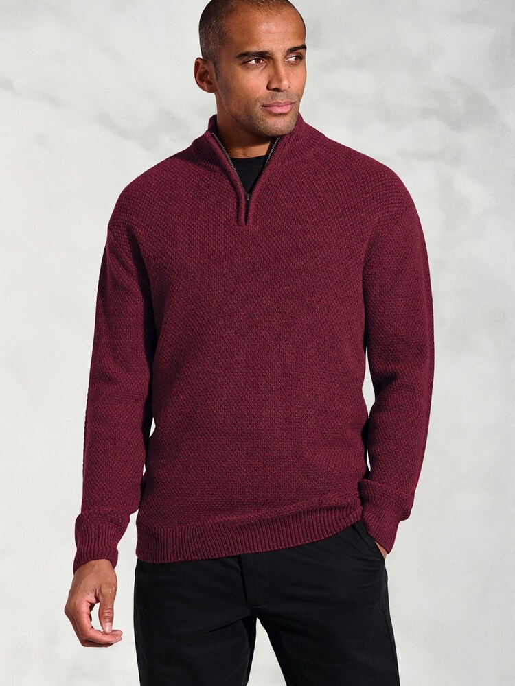 Brook Taverner Red Textured Merino Wool Zip Neck Jumper - Image 1 of 3
