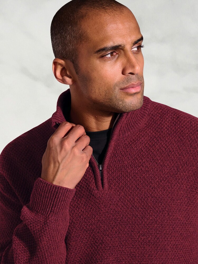 Brook Taverner Red Textured Merino Wool Zip Neck Jumper - Image 2 of 3