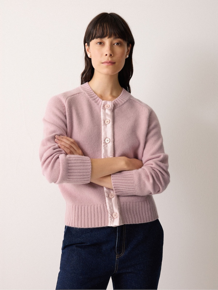 Jigsaw Pink Wool Blend Satin Trim Cardigan - Image 1 of 5 Jigsaw Pink Wool Blend Satin Trim Cardigan - Image 1 of 5