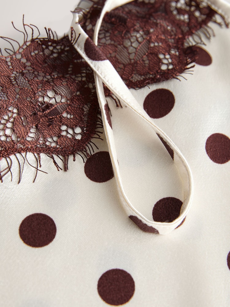 Cream/Chocolate Brown Polka Dot Lace Trim Cami Top - Image 2 of 3