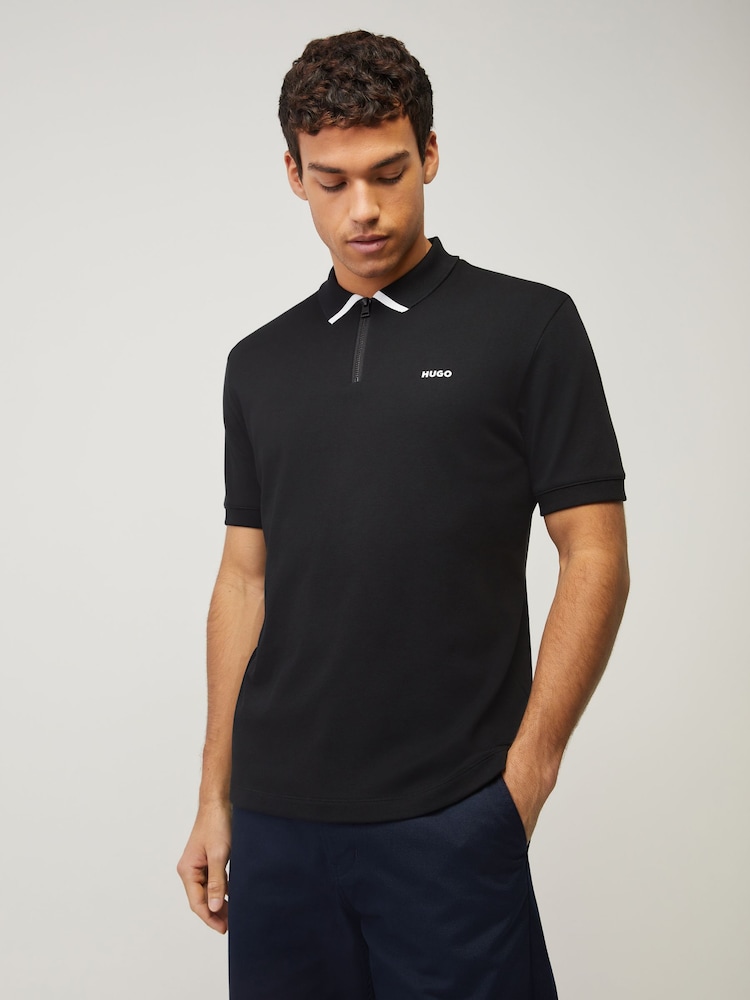 HUGO Black Tipped Zip Collar Polo Shirt - Image 1 of 4